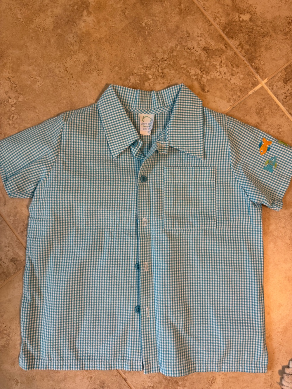 Boys Light Blue Seersucker Gingham Short-Sleeve Shirt 7. Chez Ami.